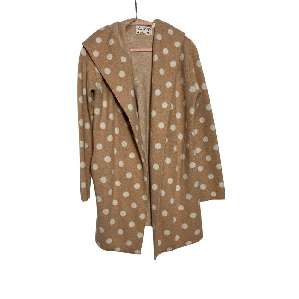 Field & Flower Cardigan Sweater Women's Small Cotton 100% Wool Tan White Polka